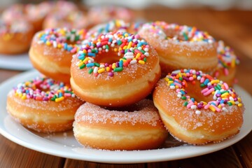 Donuts with sprinkles on white plate in soft light. AI generated