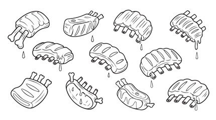 Collection of hand drawn pork ribs delicious meat cuts sketch style food ingredients for culinary design vector
