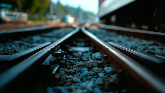 Close-up railroad switch under gentle lighting, emphasizing track details in a peaceful railway setting, soft lighting railway switch, detailed train tracks, railroad close-up calm