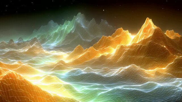 Vivid glowing mountain landscape with flowing light waves and luminous terrain textures under a starry night sky in surreal perspective