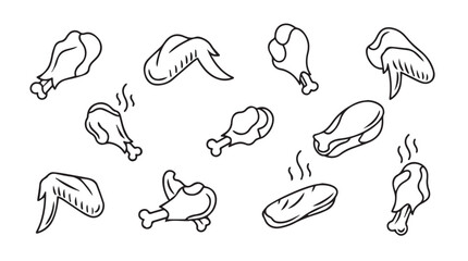 Collection of hand-drawn chicken pieces showing delicious food preparation and cooking styles vector