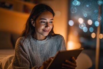 Young woman enjoying a digital experience at home in the evening