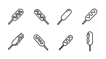 Collection of simple corn dog icons with condiment drizzle on stick for food apps vector