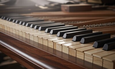 Close-up of a wooden keyboard, likely a harpsichord or similar, showing keys and mechanics