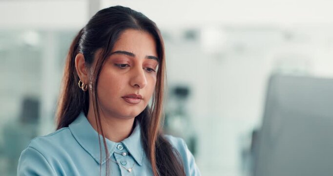 Office, employee and woman with laptop, thinking and proofreading draft for publication and article. Journalist, reflection and person with tech for story, editing and planning for news on website