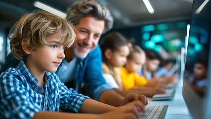 Elementary schoolchildren learning programming languages on computers, guided by a teacher in a science classroom, kids coding education, teacher software lesson, elementary school - Powered by Adobe