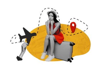 Composite photo collage of sad girl late aircraft sit luggage flight summer vacation route gps route travel isolated on painted background