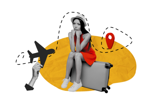 Composite photo collage of sad girl late aircraft sit luggage flight summer vacation route gps route travel isolated on painted background