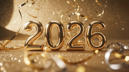 Celebrate the golden year of 2026 with shimmering gold numerals and sparkling confetti
