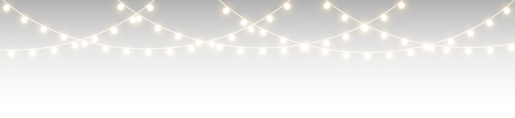 Elegant winter garland illustration with glowing lamps, bright Christmas chain lights, gold and white ornaments, transparent festive decoration, isolated holiday party scene design. © Alina