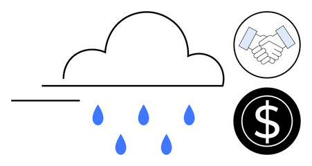 Cloud releasing raindrops, handshake symbolizing partnership, dollar icon depicting financial growth. Ideal for business, finance, collaboration, economics, partnerships, wealth creation
