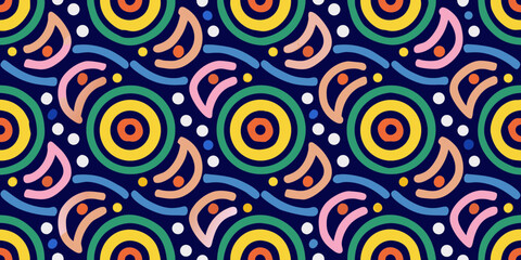 Vibrant abstract seamless pattern with colorful geometric shapes and playful doodles on a dark blue background