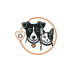 Veterinary Logo Featuring Dog, Cat, and Stethoscope in a Circle