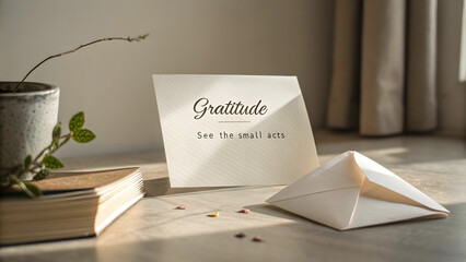 Gratitude message on folded paper with soft lighting and neutral tones