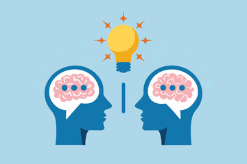 Two heads with brains and speech bubbles facing each other with a glowing light bulb above symbolizing an idea