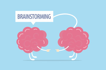 Two cute cartoon brains connecting ideas and brainstorming together on a blue background