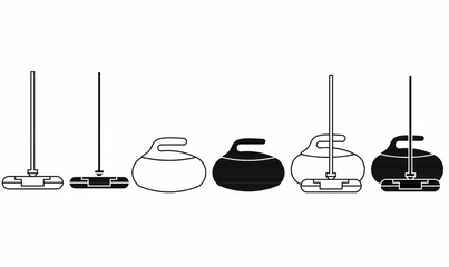 Vector illustration of curling sport equipment , curling stones and brooms in outline and solid black style. Ideal for sport icons, winter games, or curling club design.