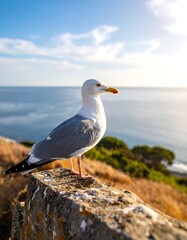 A seagull perched on a stone wall overlooking the ocean
