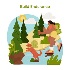 Woman Hiking with Dog in Forest Vector Illustration