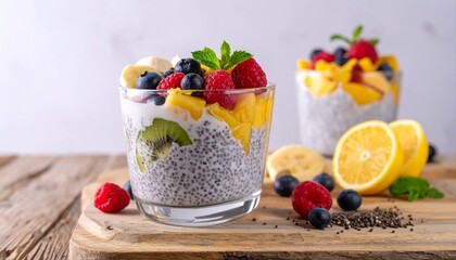 Chia Pudding with Fruits for Premium Breakfast Food Object and Healthy Superfood Concept