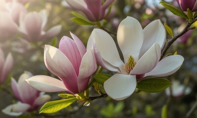 Obraz premium Close-up of magnolia blossoms in various shades of pink and white, backlit by sunlight