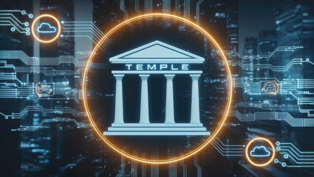 Modern digital temple with glowing circuits embodies technology and innovation for futuristic concepts - Powered by Adobe