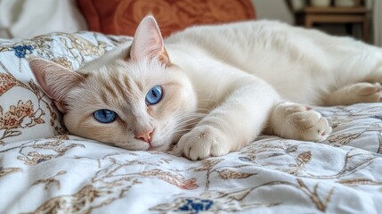 A fluffy cat with blue eyes is relaxing on a soft blanket, suitable for articles about pets, comfort, and interior design.