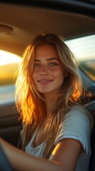 A girl with long blonde hair smiles in a car at sunset. Useful for advertising travel, lifestyle, car accessories, and positive emotions on social media.