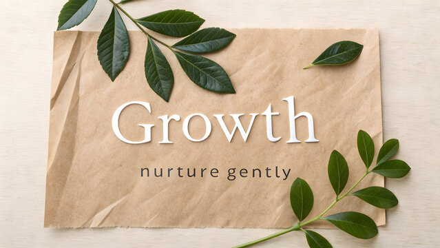 Leaves with Growth message over craft paper for nature vibes