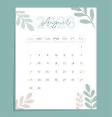 August 2026 Botanical nature-inspired calendar vector design with pastel watercolor leaves, elegant minimal typography, modern flat eco style for planner, schedule, and digital template