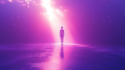 Obraz premium Silhouette of person walking towards bright light on reflective surface in purple mystical landscape with dramatic sky and sun rays. Spiritual concept.