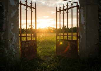 Sunset gates open to a sunlit overgrown field dusk