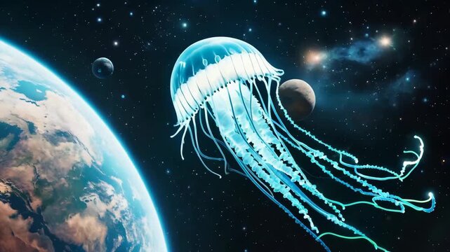 A neon jellyfish floating through outer space, glowing tentacles with Earth and stars in the background, cinematic lighting, surreal but believable motion