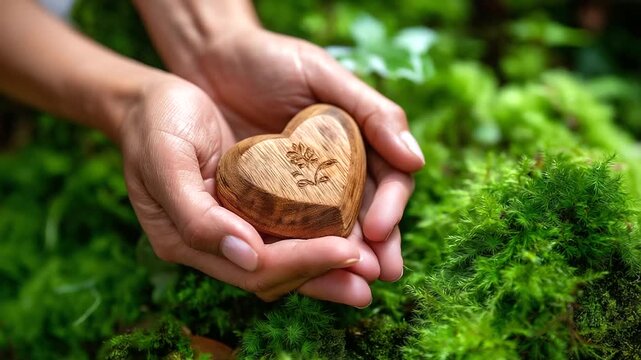 Hands showcasing a wooden heart engraved with a wellness symbol on a lush moss background, symbolizing nature harmony, wellness nature heart, wooden mindfulness symbol, green moss