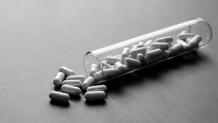 Effective medication spilling out of a glass tube for health and wellness concepts on a neutral background