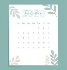 October 2026 Botanical nature-inspired calendar vector design with pastel watercolor leaves, elegant minimal typography, modern flat eco style for planner, schedule, and digital template