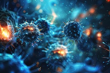Fototapeta premium Microscopic close-up of colorful viruses and bacteria moving under the lens