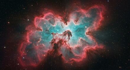 Fototapeta premium A breathtaking nebula filled with vibrant red, orange, and blue cosmic dust.