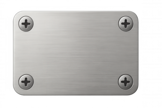 Brushed metallic plate with screws on a transparent background, providing industrial texture for design elements