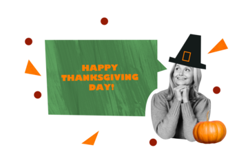 Composite trend 3D sketch collage of autumn thanksgiving day tradition feast party greeting card aged woman wear hat smile pumpkin banner