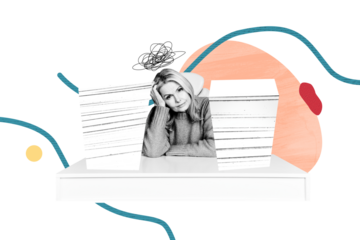 Composite photo collage of upset old blonde woman sit office table paper sheet workload apathy exhaustion isolated on painted background