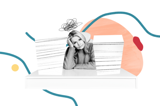 Composite photo collage of upset old blonde woman sit office table paper sheet workload apathy exhaustion isolated on painted background