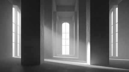 Minimalist interior featuring three tall white columns with arched windows, soft light illuminating the space, creating a calm and elegant atmosphere.