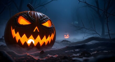 Fototapeta premium Spooky Jack-O'-Lantern in a Foggy Forest Halloween Night Scene