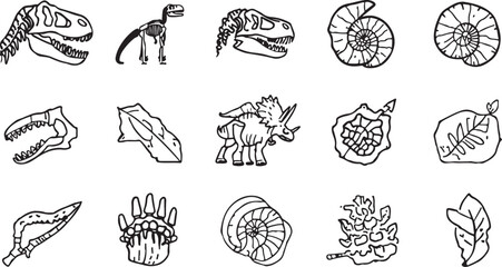 Minimalist Outline Silhouette Icon Set of Prehistoric Dinosaur Skeletons and Fossil Remains for Paleontology Science Designs © RINA