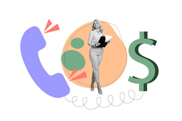 Obraz premium Creative collage picture businesswoman telephone call ring operator contact center dollar money currency earnings investor trader
