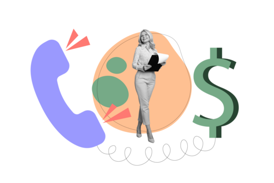 Creative collage picture businesswoman telephone call ring operator contact center dollar money currency earnings investor trader