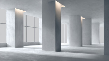 Spacious concrete room with tall columns and large windows, showcasing a minimalist design and city views, perfect for creative projects.