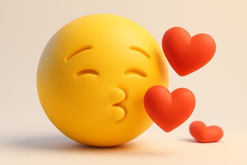 Yellow emoji blowing a kiss with three red hearts floating in the air on a light beige background
