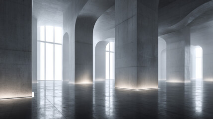 Spacious concrete room with tall columns and large windows, showcasing a minimalist design and city views, perfect for creative projects.